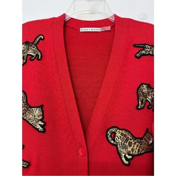 Alice + Olivia Red Bengal Cat Embroidered Grandpa Cardigan – Wool Blend, Size M - Picture 4 of 15